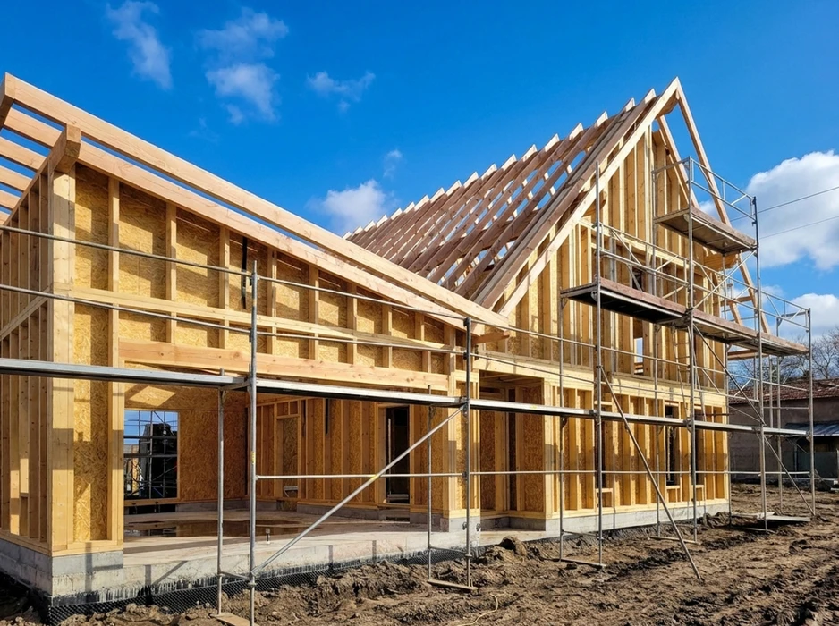 Chantier de construction résidentielle en cours, murs à ossature bois préfabriqués installés sur fondation béton