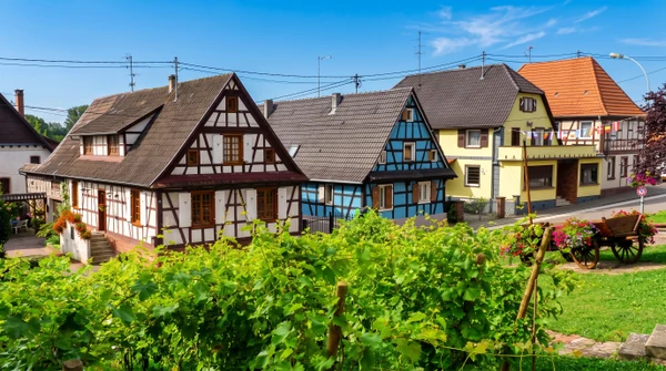 Photographie professionnelle d'une maison alsacienne traditionnelle ou rénovée avec éléments caractéristiques de l'architecture locale (colombages, toiture en tuiles, façade typique alsacienne), montrant clairement un travail de rénovation ou construction en bois/charpente. La maison doit être photographiée de face ou trois-quarts, bien illuminée, avec un ciel dégagé. Pas de personnes, pas de texte ou logo visible. L'image doit transmettre l'expertise en construction/rénovation bois et l'ancrage territorial en Alsace.