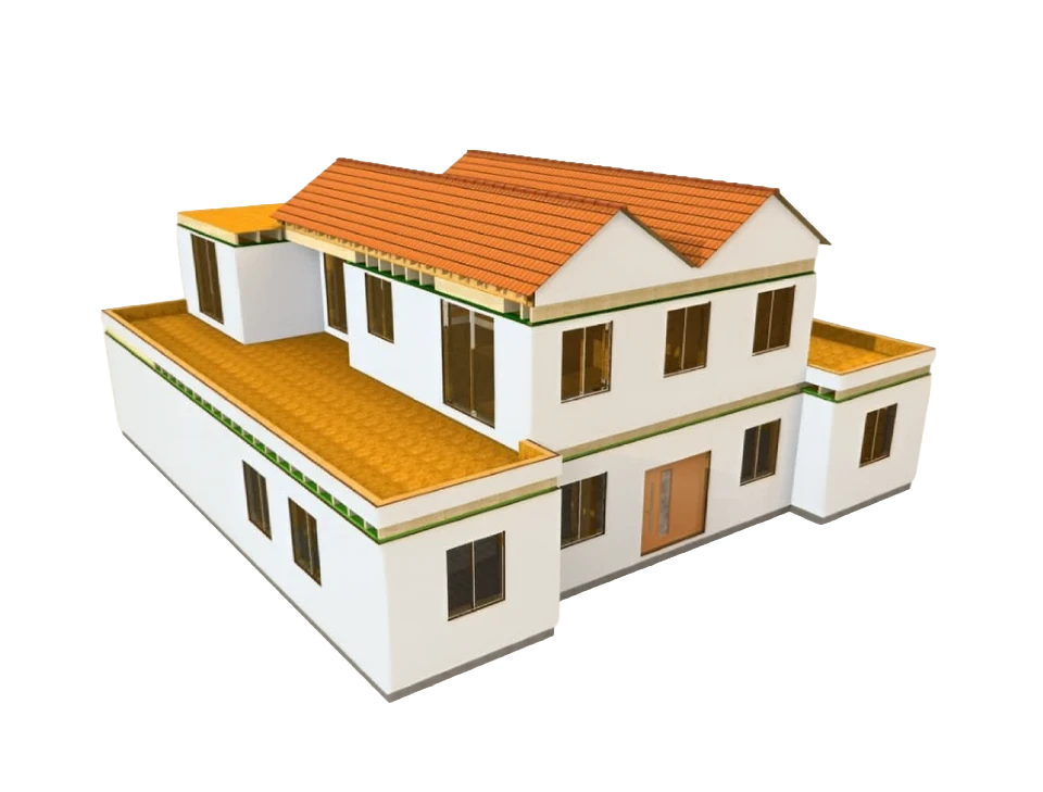 Détail d'une maison classique avec fenêtres en bois vert et porte d'entrée - Rendu 3D